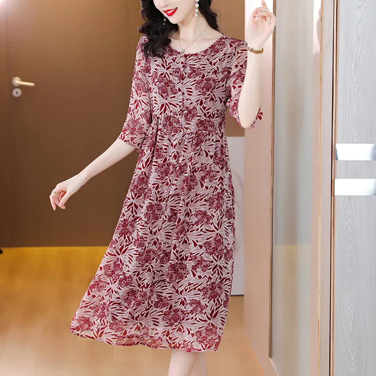 【桑蚕丝】高贵上档次中老年妈妈红色晕染连衣裙23夏季碎花真丝裙子