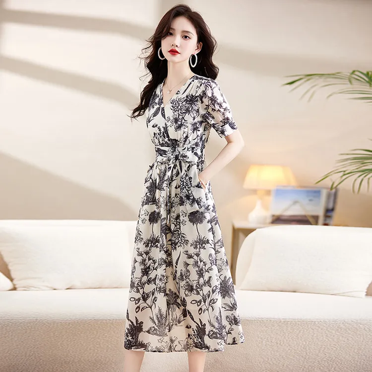 【仿桑蚕丝】正品高贵上档次100%超显瘦连衣裙时尚气质高腰长裙女