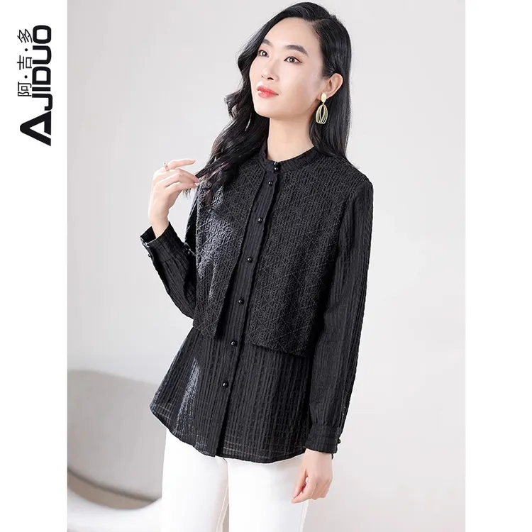 A20300阿吉多黑色假两件衬衫女新款复古中式衬衣长袖初秋穿搭上衣