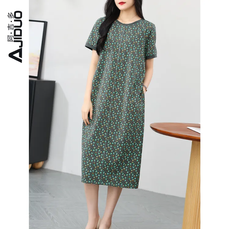 阿吉多A87807时尚休闲大码显瘦直筒印花连衣裙洋气妈妈装中长裙女