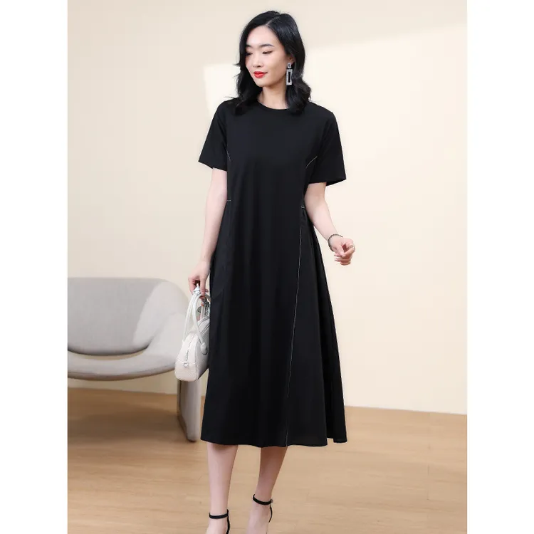 63285气质高档拼接连衣裙女新款短袖宽松小黑裙简约高端精致长裙