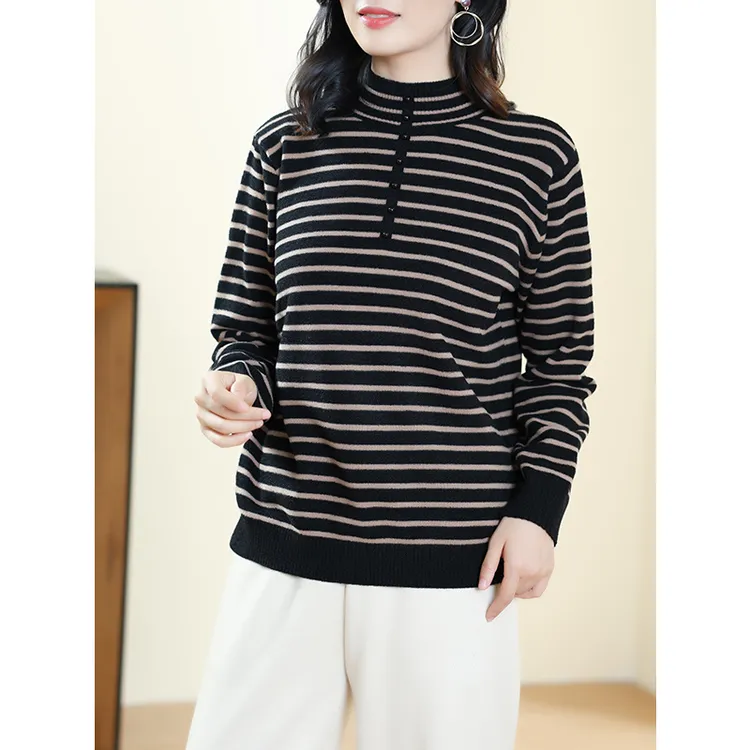 阿吉多A62811洋气条纹毛针织衫女2025秋冬新款时尚大码内搭打底衫