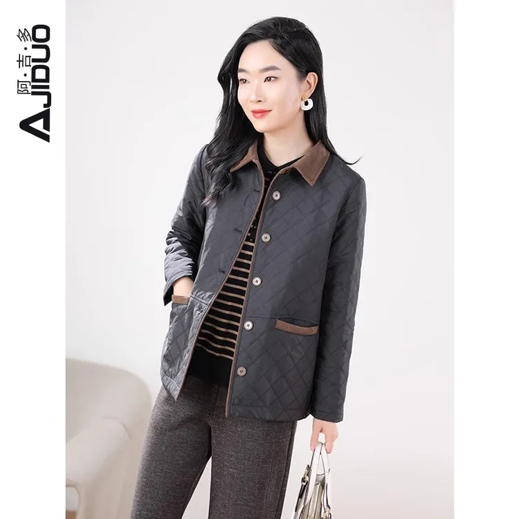 A30770阿吉多长袖棉服女新款冬季棱形格复古高级棉衣大码拼接外套