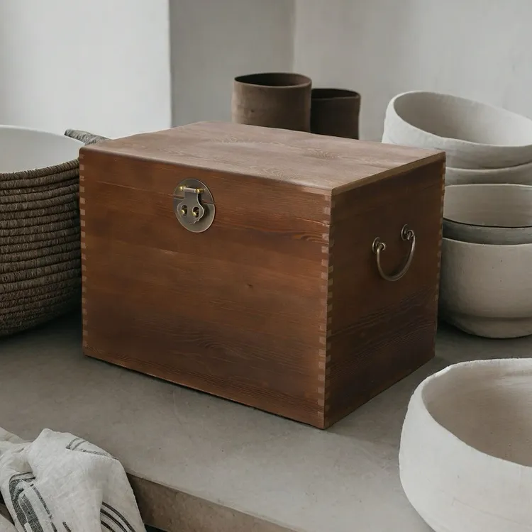 侘寂风实木收纳箱长方形带锁松木箱储物箱整理盒木箱子杂物储物箱