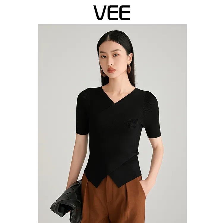 【短视频】VEE【夏威夷落日】简约气质V领百搭针织上衣显瘦夏季黑色女
