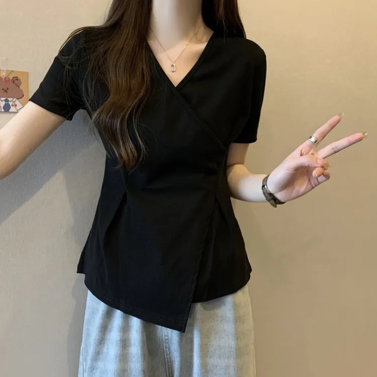 大码遮肚子不规则v领短袖T恤女夏季胖MM修身显瘦百搭小众收腰上衣