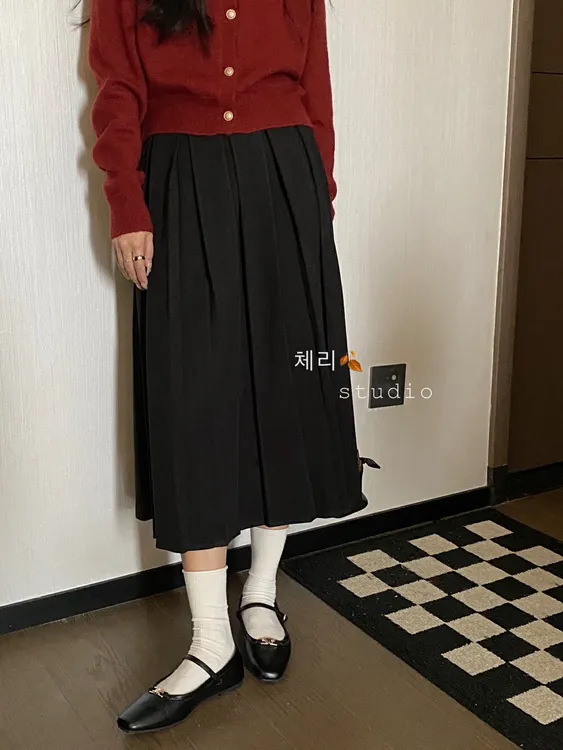 小个子（加分搭配）秋冬加厚呢料百褶半身裙松紧腰学院风显瘦半身裙