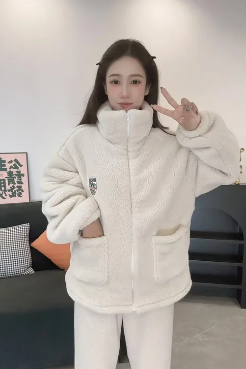 冬季保暖高领双面雪花绒绒加绒加厚情侣套装休闲宽松时尚毛绒冬款