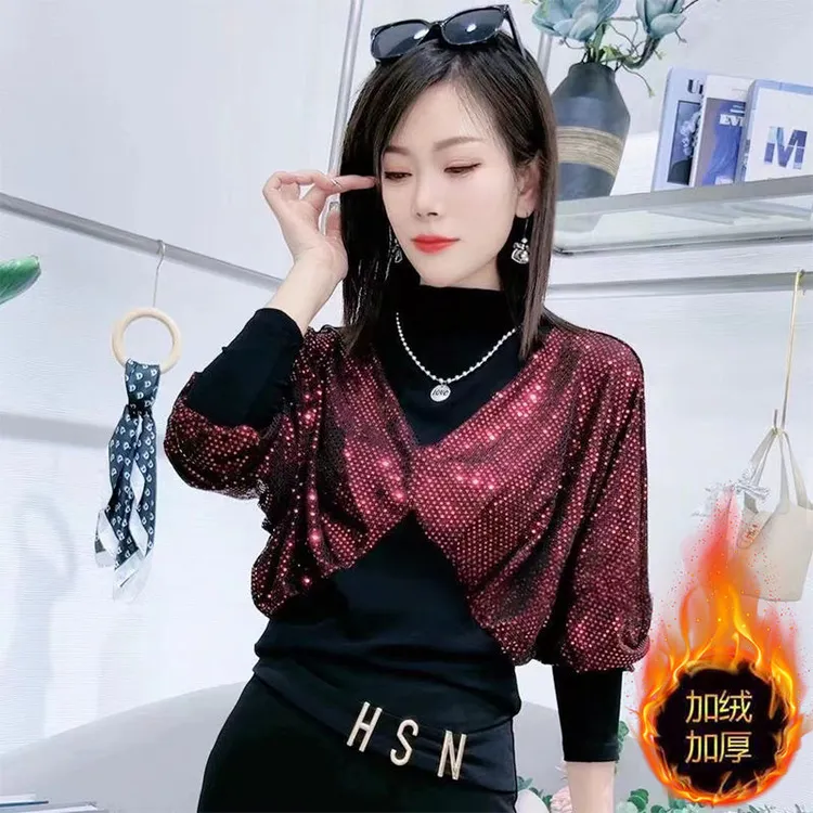 2023秋冬新款洋气减龄假两件衬衫女时尚高级感小众法式红色上衣