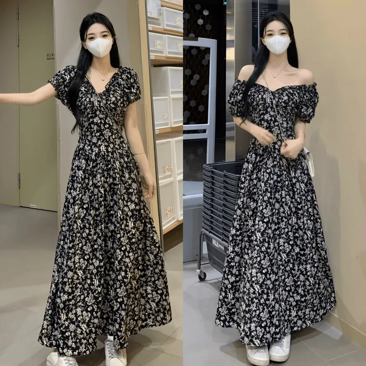 夏季新款法式复古碎花V领收腰显瘦连衣裙女大码胖mm时尚气质长裙