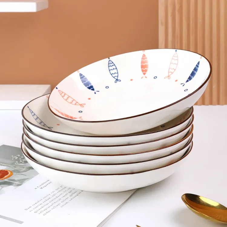 孟垣小鱼4/6只装7英寸可爱家用陶瓷釉下彩创意吃饭盘炒菜盘沙拉盘