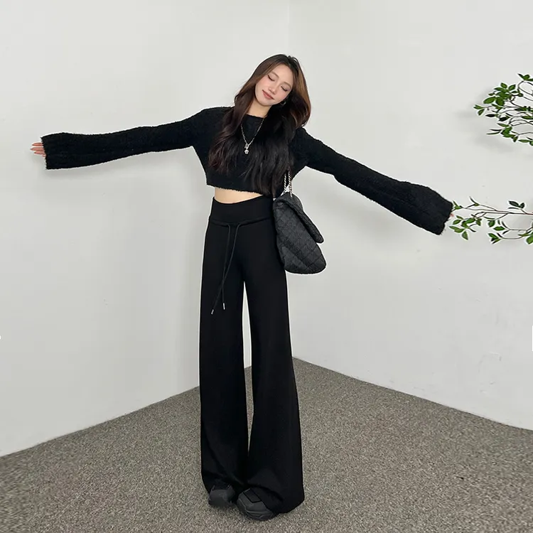 抽绳休闲裤女2025新款宽边松紧高腰直筒阔腿裤显瘦拖地长裤子