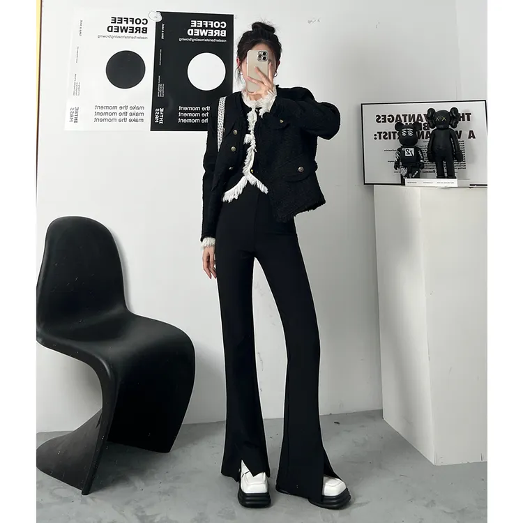 fuccykee休闲开叉西装裤女高腰垂感拖地微喇叭裤显瘦直筒裤子