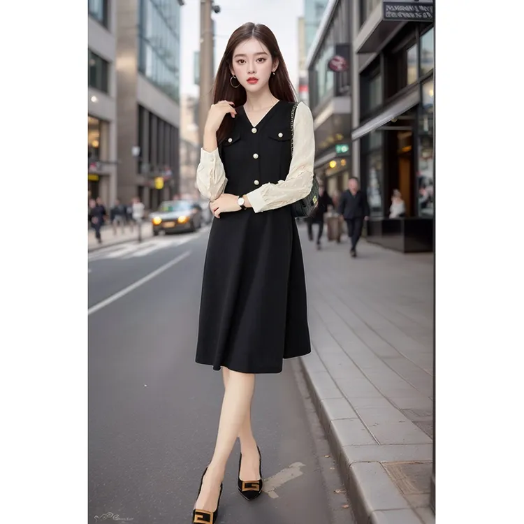 奢姿2024年秋装新款大码女装撞色设计连衣裙胖妹妹气质V领裙子