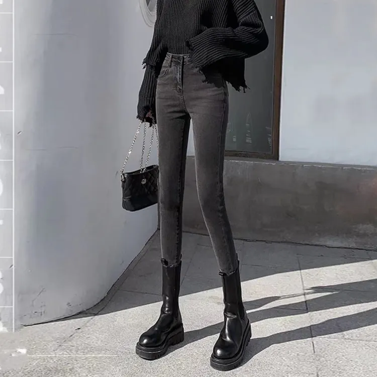 朵品烟灰色高腰小脚牛仔裤女2025年春秋新款显瘦弹力紧身铅笔裤子