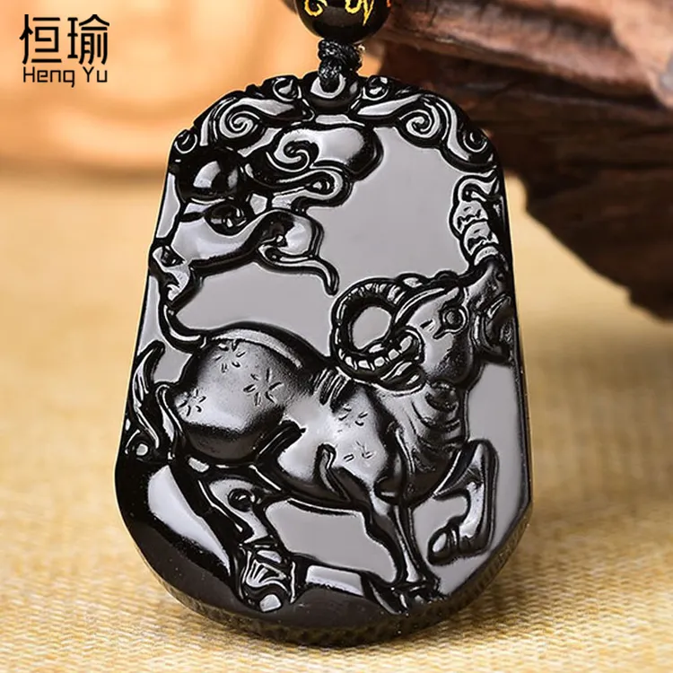 天然黑曜石吊坠男女情侣虎猴马猪狗鼠十二生肖挂件潮项链定制刻字