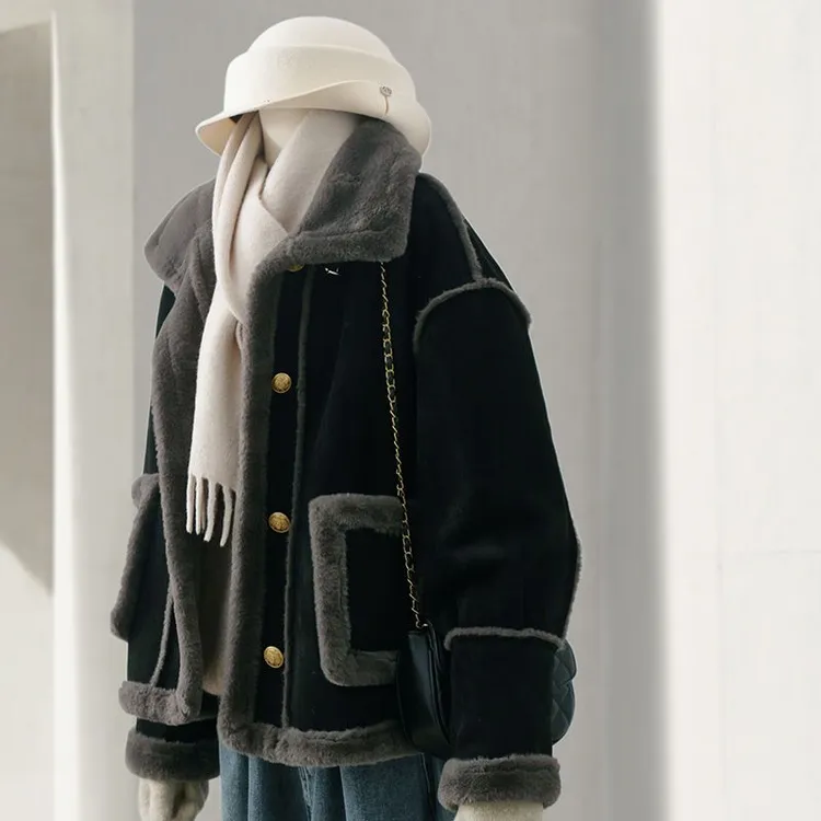 0827黑色仿麂皮绒皮毛一体外套女冬季新款别致复古加厚毛毛上衣女