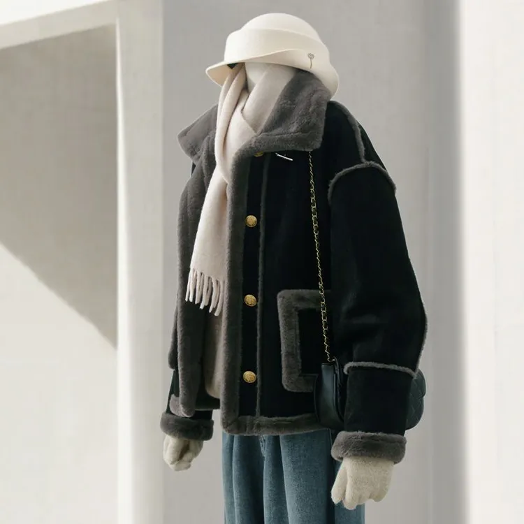 8227冬季新款别致复古加厚毛毛上衣女黑色仿麂皮绒皮毛一体外套女