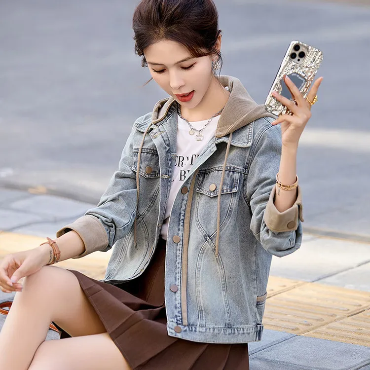 小个子欧货高端连帽牛仔外套短款大码女早春秋季新款休闲减龄夹克