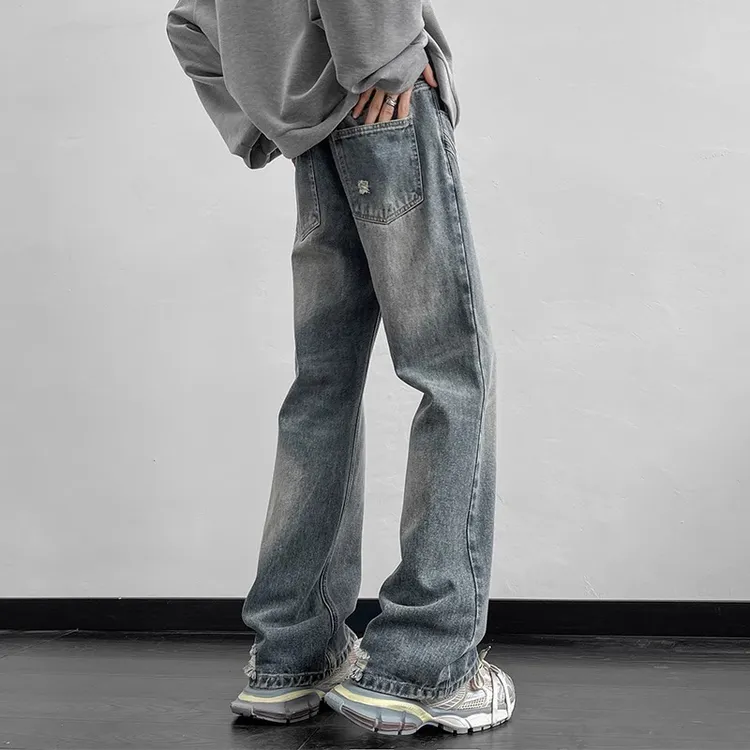 WITI秋冬季新款美式高街微喇牛仔裤男士宽松直筒百搭加绒长裤子  