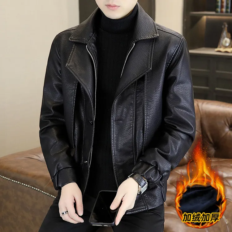 秋冬季新款假两件加绒保暖皮夹克双层领男士外套时尚潮流PU皮夹克