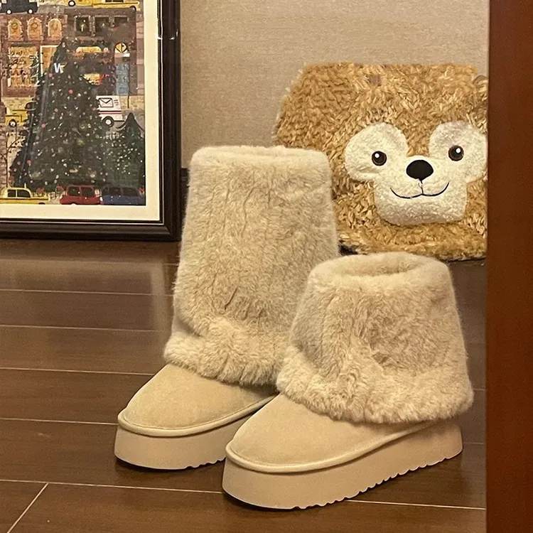 雪地靴女毛绒可爱奶油短筒保暖毛毛靴冬季套筒厚底增高鞋女