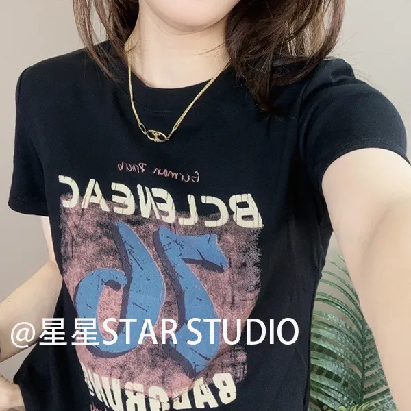 76字母 XH1030 2025新款圆领字母数字印花短袖T恤女时尚休闲百搭