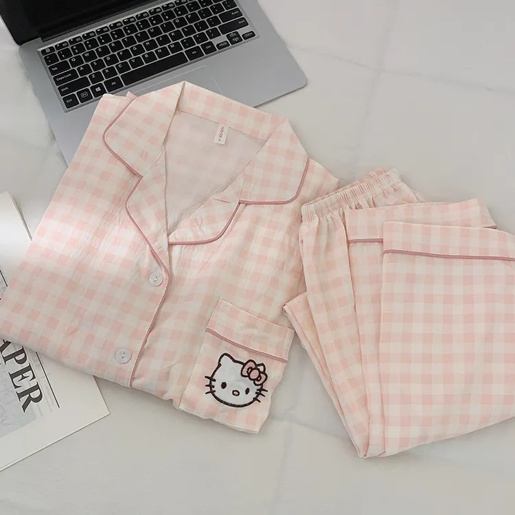 【长袖粉格KT猫】秋款云朵绵睡衣女秋天韩版可爱卡通家居服套装