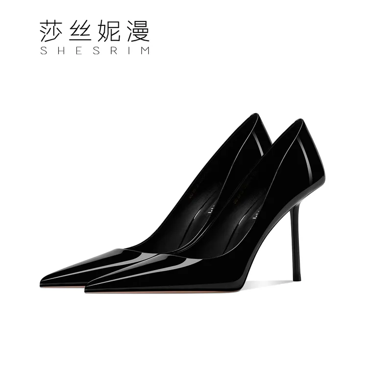 10-【性感女神】尖头高跟2025春新款气质裸色女鞋细跟漆皮浅口黑单