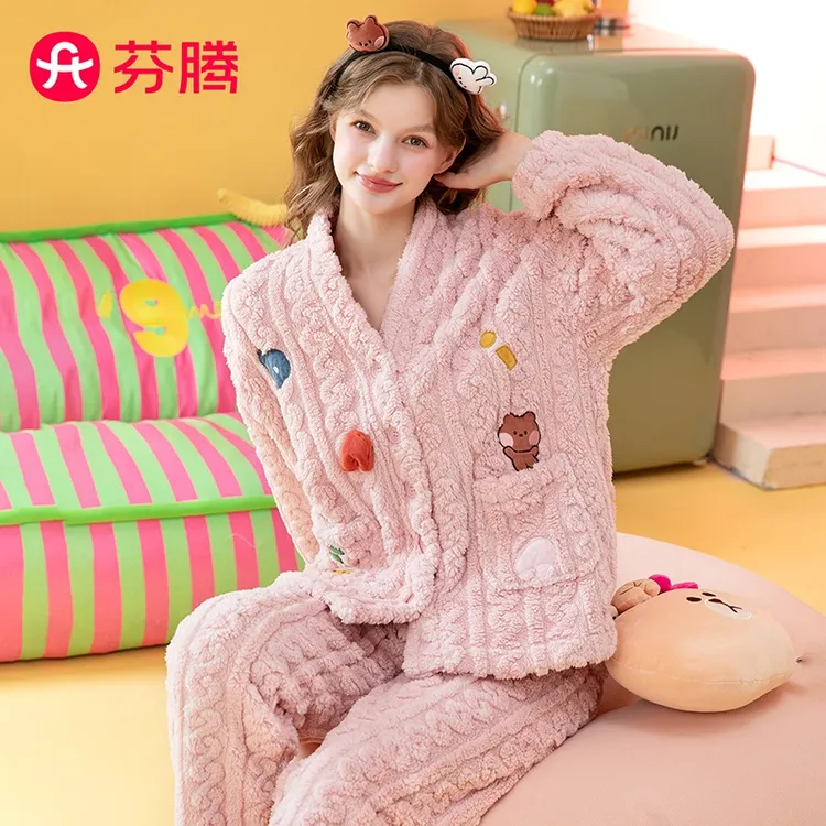 芬腾【正版布朗熊IP】秋冬双面暖绒V领外穿女士家居服FJ25490053