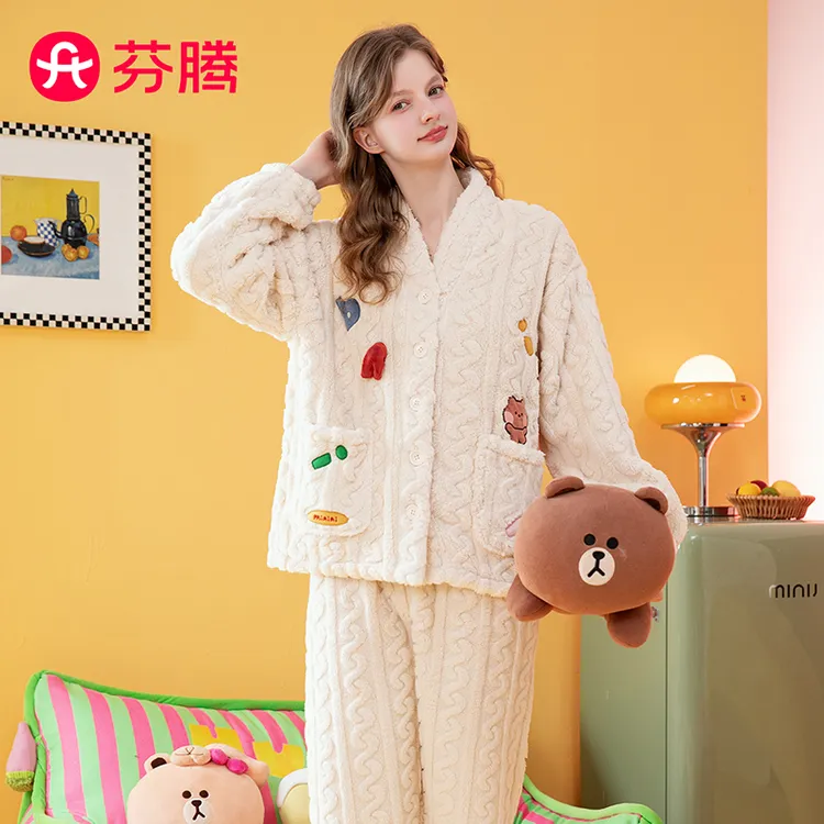 芬腾【正版布朗熊IP】秋冬双面暖绒V领外穿女士家居服FJ25490053
