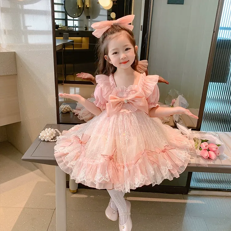 女童公主裙2024新款蕾丝亮片甜美连衣裙潮中小儿童夏季泡泡袖裙子