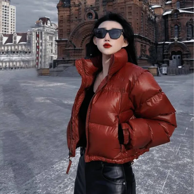 亮面红色保暖简约风棉服立领外套女冬季复古面包服日常冬款外套