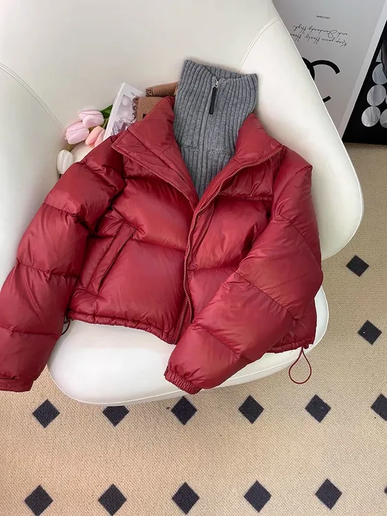 高端版红色立领肯豆风短款加厚棉服面包服女亮面小个子加厚棉时尚