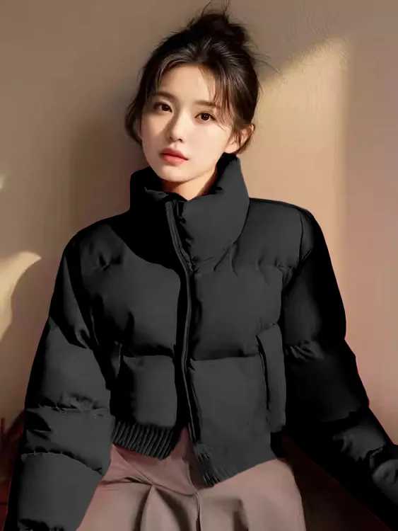 黑色百搭立领拉链短款棉服棉衣加厚冬季修身休闲宽松冬常规款外套