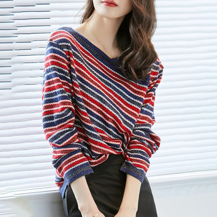 时尚V领提花长袖针织衫女2025秋季新款宽松休闲设计感条纹上衣