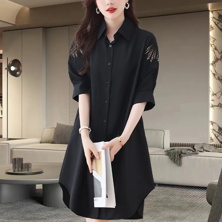 夏季新款高级设计感刺绣镂空衬衫裙2025时尚显瘦百搭宽松中长裙女
