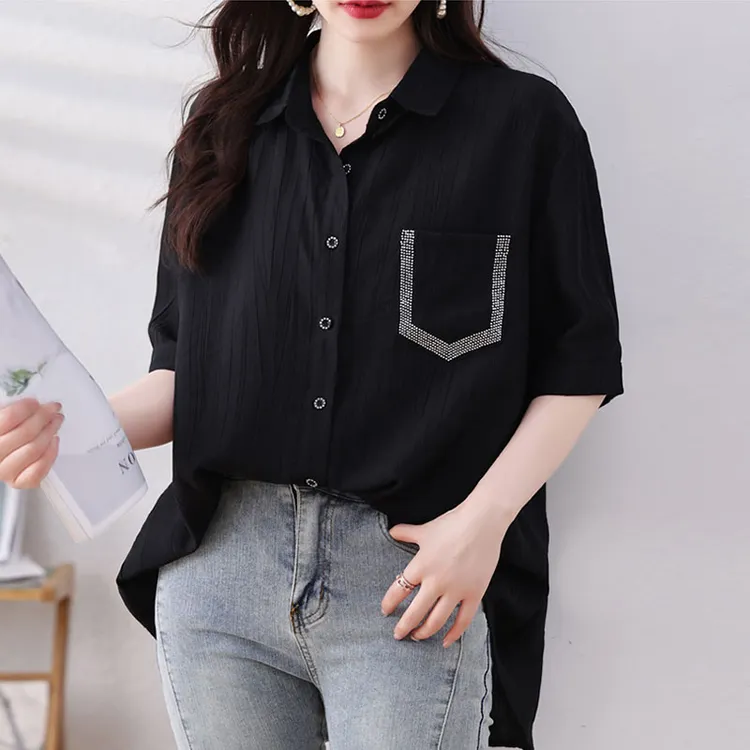 高端黑色高级感衬衫女中袖夏季新款五分袖小衫宽松大码口袋上衣
