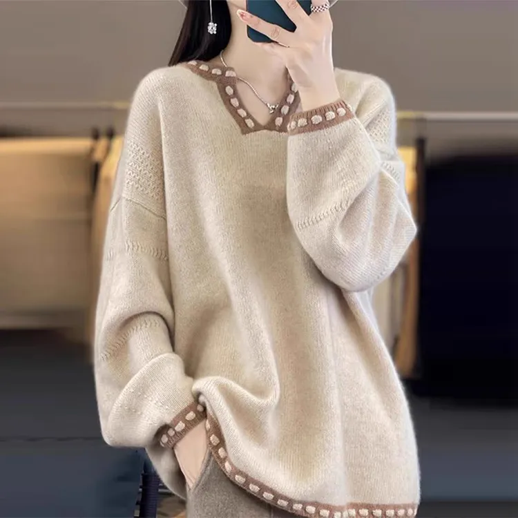 中长款女士毛衣2025秋冬季新款大码宽松休闲显瘦慵懒风V领上衣