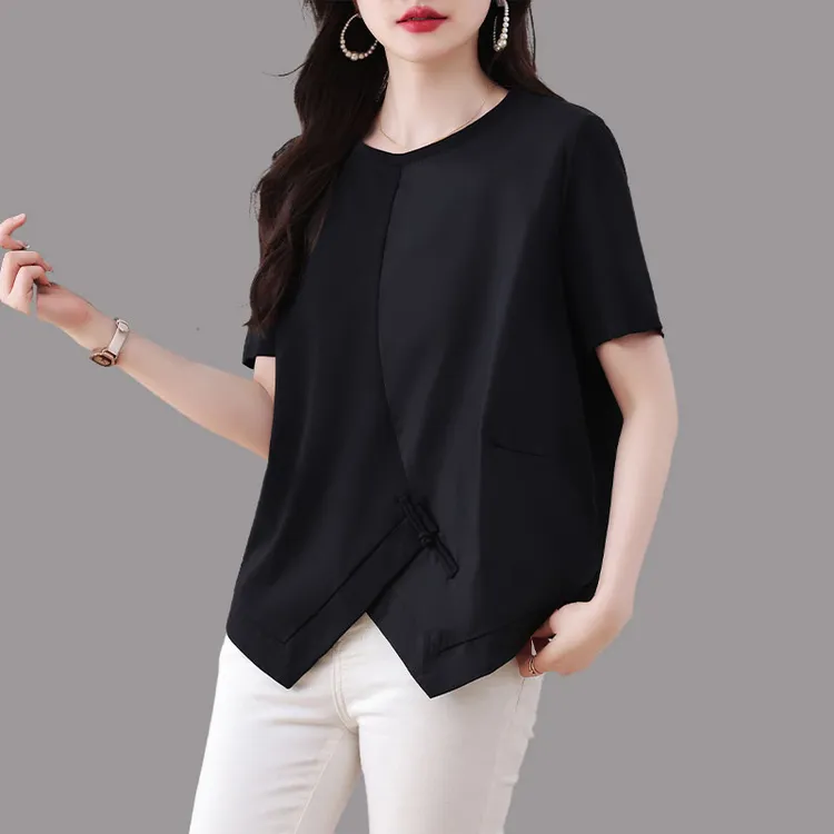 国潮盘扣拼接t恤女短袖夏季2025新款设计感小众大码宽松黑色上衣