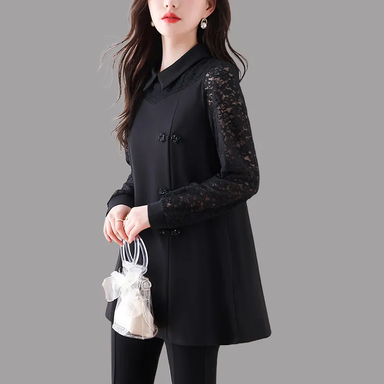 2025秋中长款新中式长袖拼接衬衫女大码女装盘扣蕾丝遮肚显瘦上衣