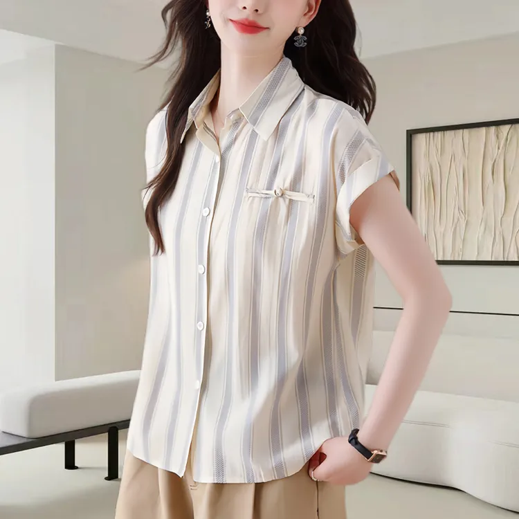 连肩袖设计条纹衬衫女夏季优雅气质通勤简约衬衣短袖上衣女