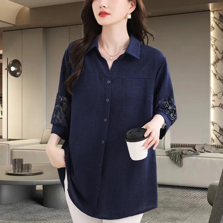 宽松时尚大码短袖2025夏季新款蕾丝拼接遮肚子显瘦简约显气质衬衫