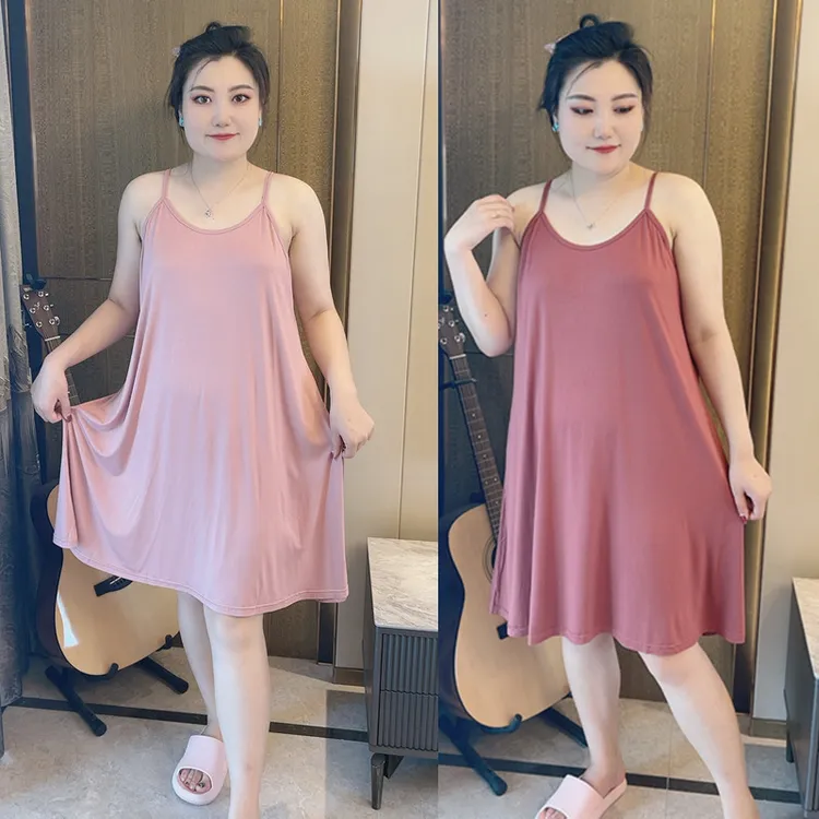 夏特大码胖mm家居睡裙女宽松加肥加大弹力交叉打底背心吊带连衣裙