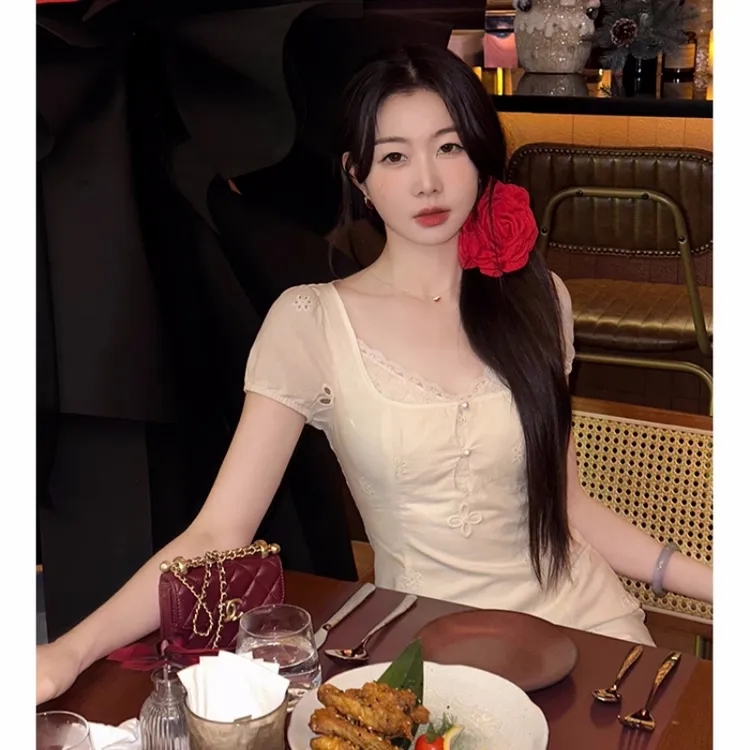 EIA一尧徫【淡颜少女】纯欲法式短袖连衣裙女春夏复古镂空刺绣长裙