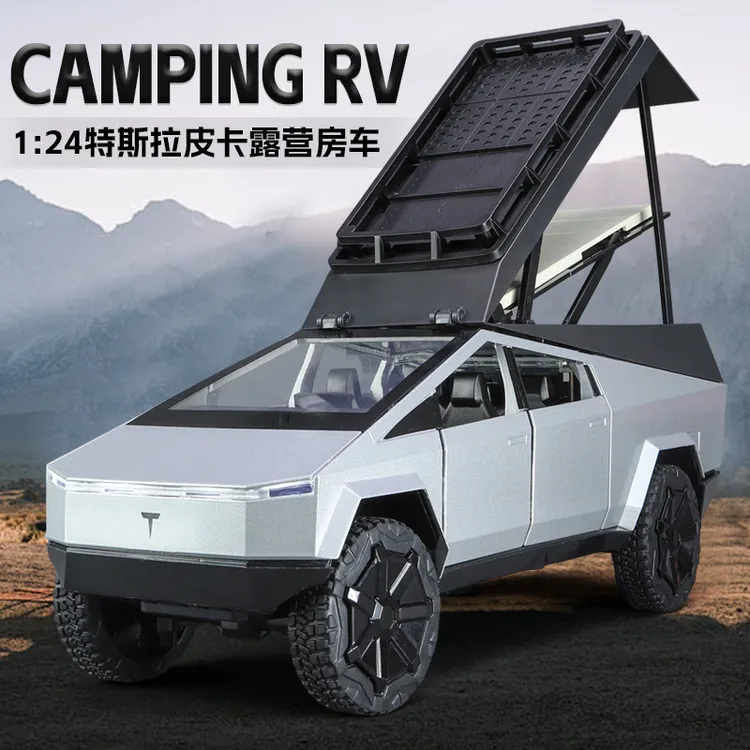 仿真1：24特斯拉露营皮卡合金车模摆件转向减震车模合金回力玩具车