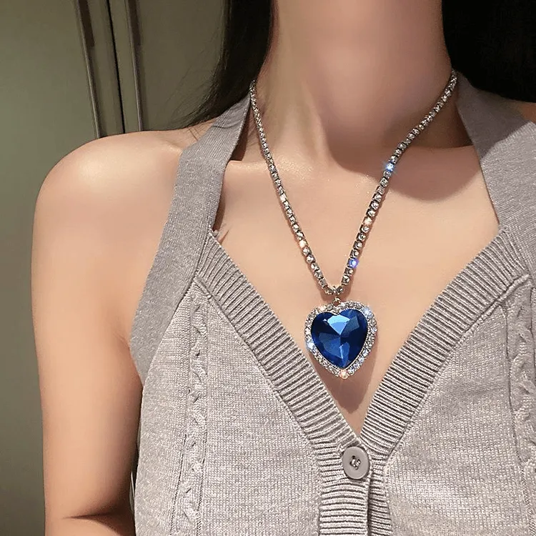 合金项链 轻奢海洋之心高贵奢华镶仿钻项链气质百搭ins小饰品时尚