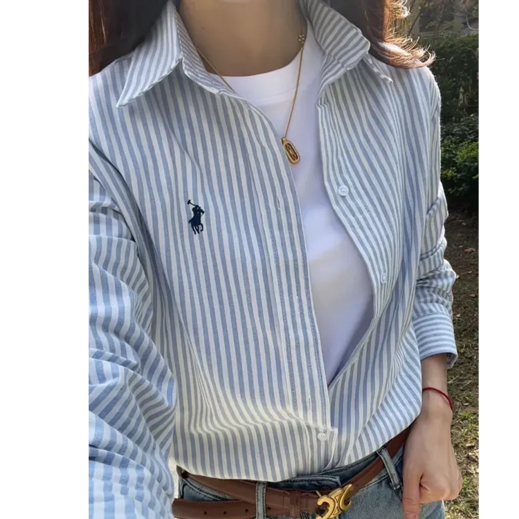 小马刺绣纯棉条纹衬衫女打底衬衫秋冬polo领衬衫叠穿搭配