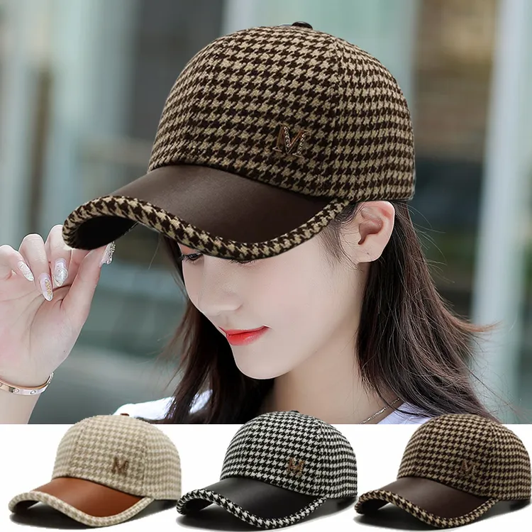 冬季毛呢时尚保暖英伦复古千鸟格休闲百搭弯檐鸭舌帽子女潮棒球帽