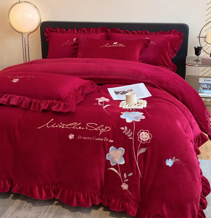 高档加厚牛奶绒四件套双面珊瑚绒婴儿绒床单被套刺绣冬季床上用品